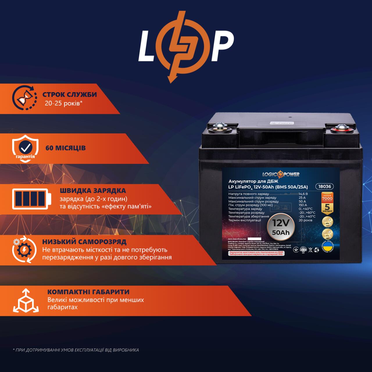 ���������� LP LiFePO4 ��� ��� 12V (12,8V) - 50 Ah (640Wh) (BMS 50A/25A) �������
